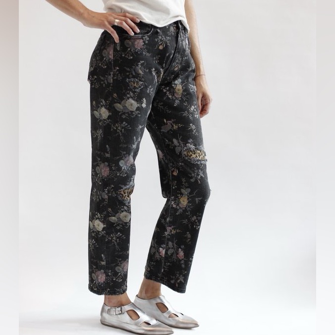 R13 Boyfriend Jeans 468b Light Floral Print W Cheetah Patchwork | 26 | Euc